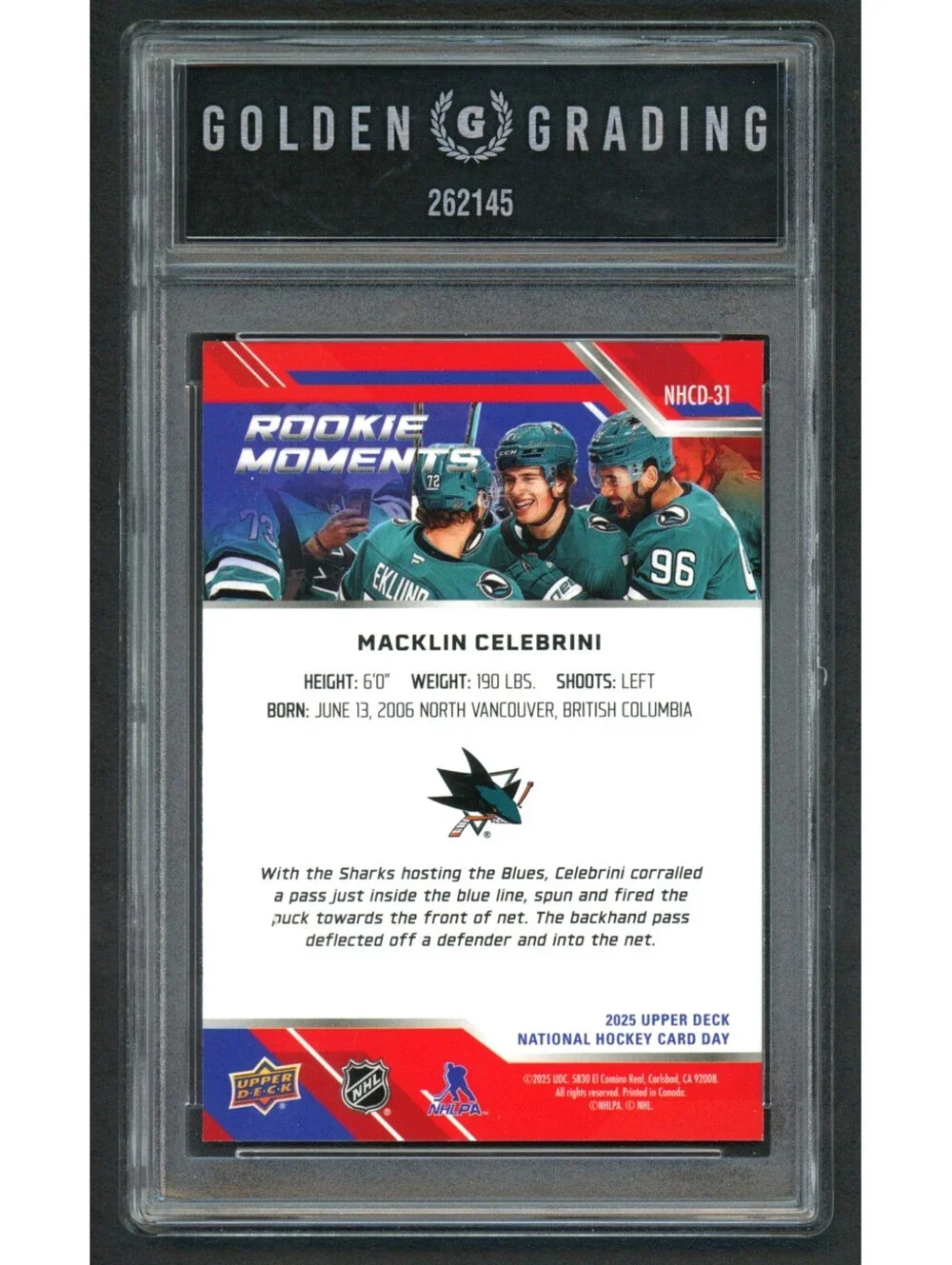 2025 Upper Deck NHCD31 Macklin Celebrini Rookie Moments Sharks Graded Mint 9